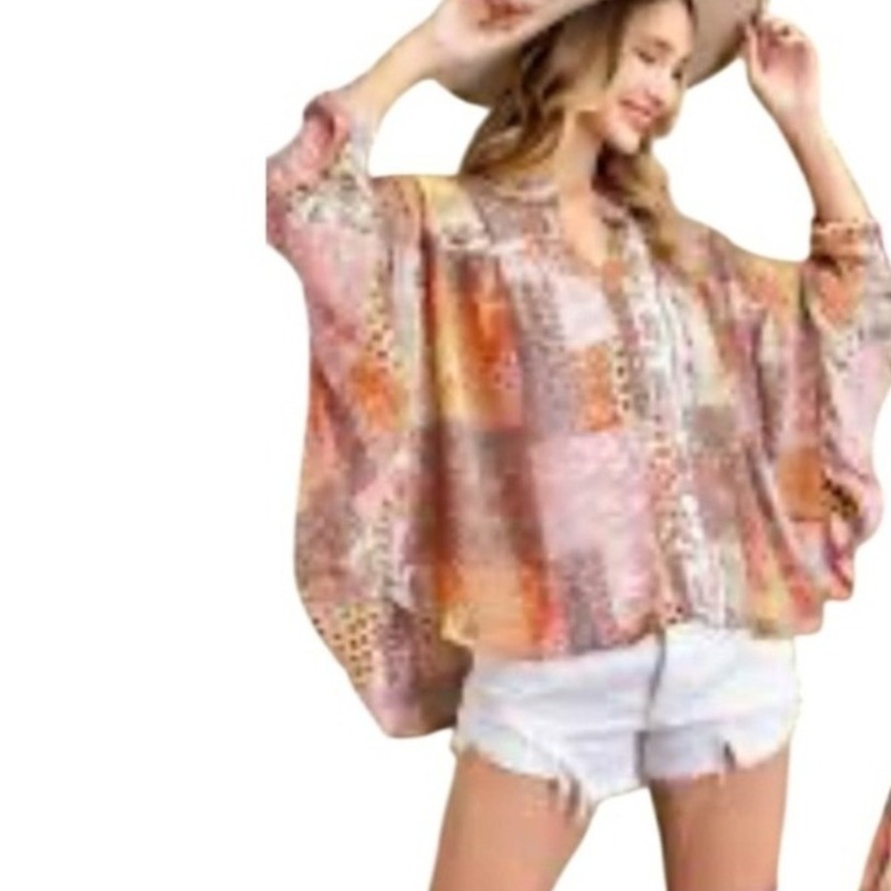 Boutique Cottagecore Boho Patchwork Chiffon Blouse Prairie size S